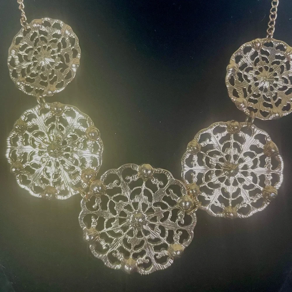 Rose-tone Gold 5 Disc Medallion Necklace Rhinestones 16” + 3” Extension